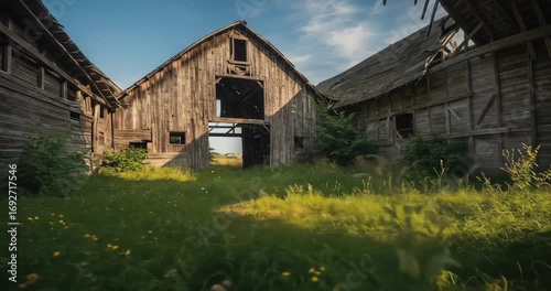 Abandoned barn with overgrown grass and blue sky