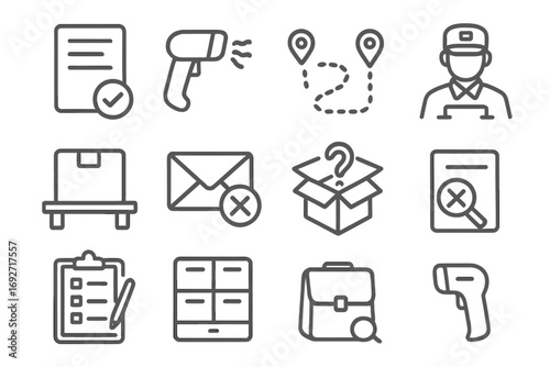 Package Search Icons. Line style icons of postal and package search: lost parcel form, barcode scanner, delivery route map,