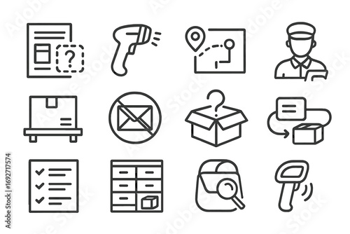 Package Search Icons. Line style icons of postal and package search: lost parcel form, barcode scanner, delivery route map,