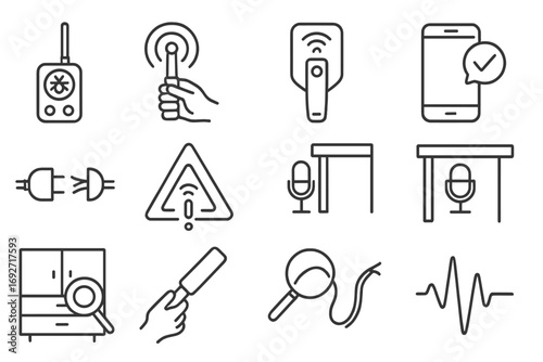 Wiretap Detection Icons. Line style icons of home and office wiretap detection: bug detector wand, red light scan, wall scanner