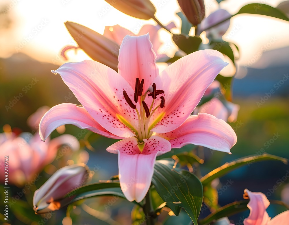 Fototapeta premium Close-up of a delicate pink lily in sunset light