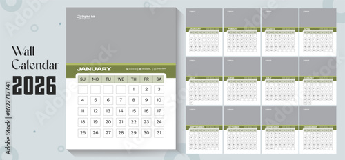 2026 wall calendar template or 2026 corporate business wall calendar