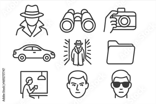 Investigation Icon Set. Line style icons of private investigation: trench coat figure, binoculars icon, camera in hand, unmarked