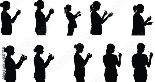 Silhouettes of female nurse, medical professional, healthcare worker, holding syringe, vaccine injection, medical procedure, healthcare industry, patient care, health service, medical staff