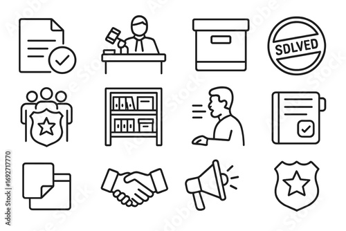 Justice Icons Set. Line style icons of final case resolution: checkmark on file, courtroom verdict icon, closed file box, solved