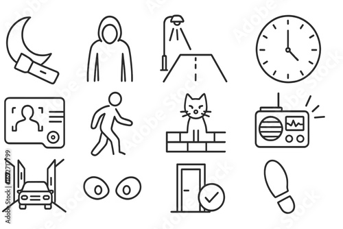 Night Patrol Icons. Line style icons of night patrol: moon and flashlight, shadowed figure, street under light, late hour clock;
