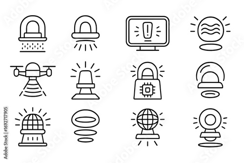 Futuristic Siren Icons. Line style icons of futuristic sirens: holographic beacon, levitating alarm light, digital alert panel,