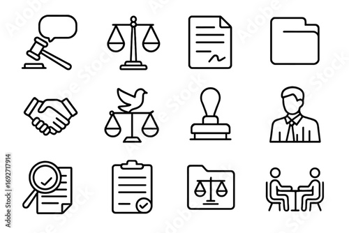 Legal Mediation Icons. Line style icons of legal mediation: judge’s gavel with speech bubble, legal scales balanced, contract with