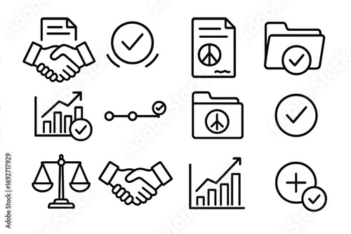 Mediation Outcome Icons. Line style icons of mediation outcomes: hands shaking with document, resolved icon, contract signed, case