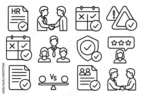 Workplace Harmony Icons. Line style icons of workplace resolutions: HR file with tick, manager and employee handshake, shift