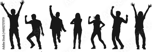 Silhouettes of happy energetic children jumping, dancing, celebrating, expressing joy, having fun, playing outside, freedom, friendship, teamwork, youth, active lifestyle, togetherness.