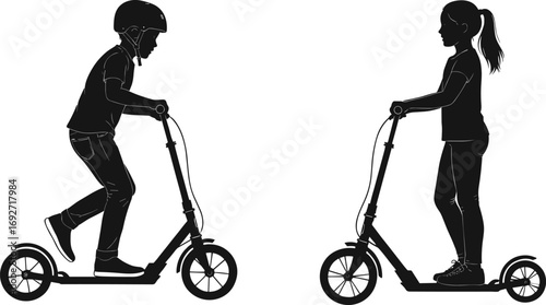 Silhouettes of kids riding scooters, boy with helmet, girl standing, outdoor fun, active children, playful moments, childhood joy, sports activity, kids transportation, 