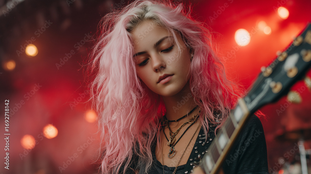 Naklejka premium A beautiful rock girl pink hair playing guitar in the club , red spotlight is background.