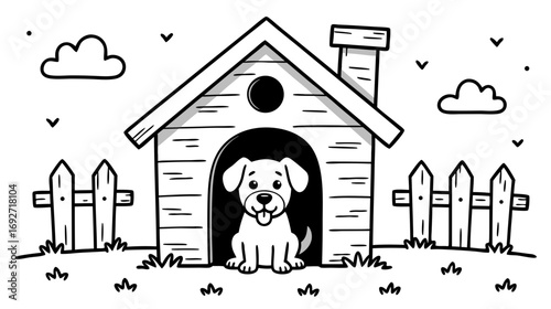 Dog sitting in a doghouse with fence and clouds in background - Concept of coloring page for kids  
