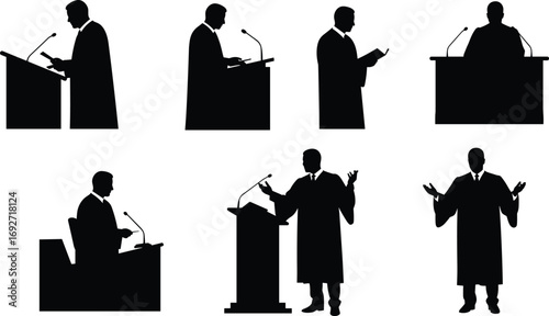 Silhouettes of male preachers or speakers at podiums, delivering sermons, public speaking, religious leaders, vector illustration, church presentation