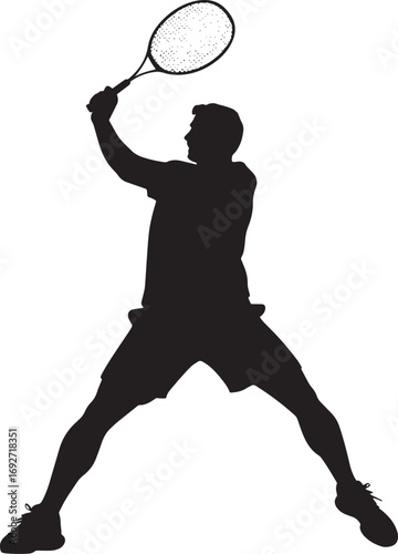 A figure positioned with legs flexed and racket lifted high, poised for a strong smashing action. Full-length silhouette black vector illustration.