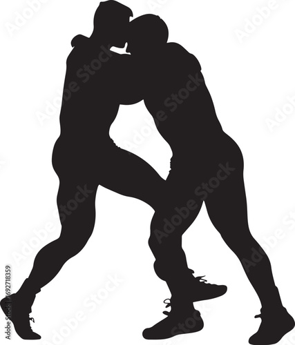 A wrestler gripping one leg of the opponent, destabilizing them and pulling them off balance. Full-length silhouette black vector illustration.