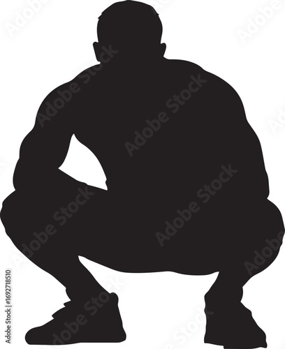 A wrestler crouching low with arms prepared, scanning for an opportunity to engage. Full-length silhouette black vector illustration.