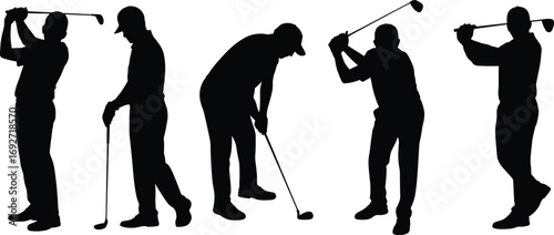 Silhouettes of men playing golf, swinging clubs, putting, golfing activity, outdoor sports, leisure, golfing poses, male golfers, golf game, athletic skill, sport lifestyle, competition,