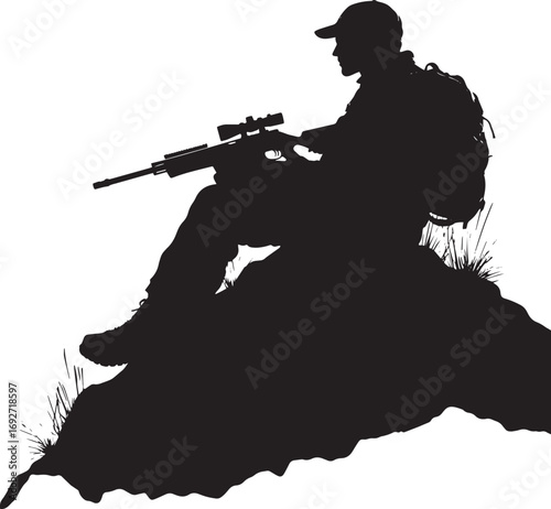 A hunter resting on a rock, rifle across lap. full length silhouette black vector illustration