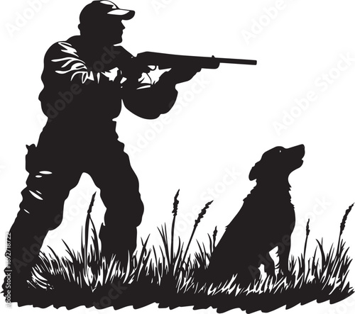 A hunter aiming while the dog crouches, ready to chase. full length silhouette black vector illustration