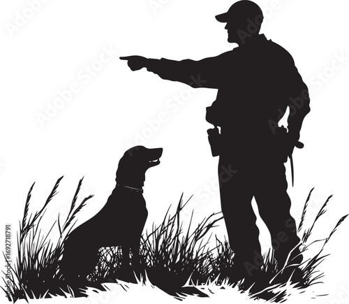 A silhouette of a hunter gesturing forward, commanding the dog to start tracking the game. Full-length silhouette black vector illustration.