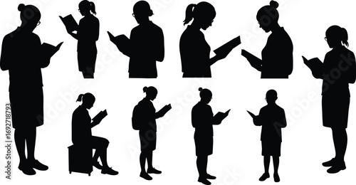 Silhouettes of people reading books, women and children, education concept, learning, knowledge, library scene, study time, literacy, reading habit, personal development, quiet moments