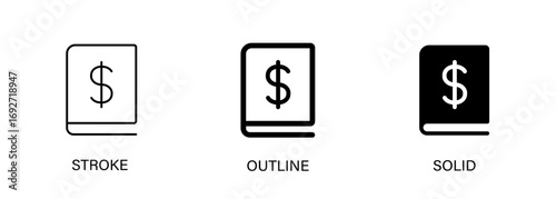 Book and money icon for ledger, accounting, budget, finance, banking. Vector icon with line and solid style.
