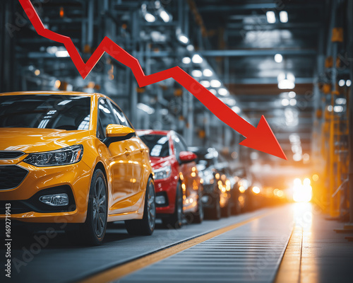 Car Production Decline: A visual representation of falling car sales. Featuring vehicles with a red arrow representing a negative economic trend. 