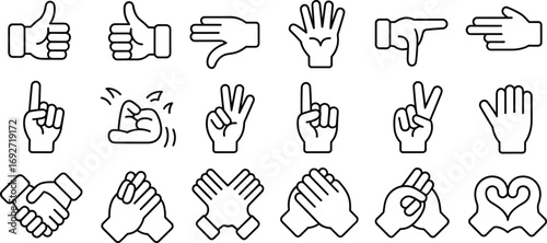 Hand gesture icons including thumbs up, pointing, counting, handshake, clapping, and heart symbol with outlined minimalist design.