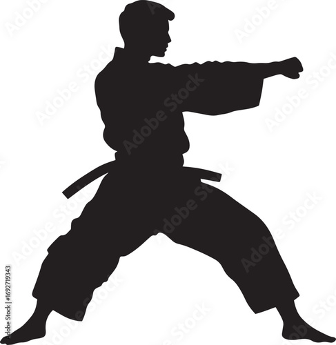 A martial artist with both arms crossed in an X formation, ready to intercept an incoming attack. Full-length silhouette black vector illustration.