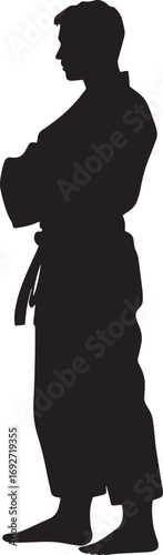 A martial artist standing upright, bowing slightly to show respect. Full-length silhouette black vector illustration.