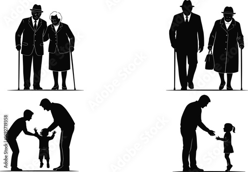 Silhouettes of multigenerational family moments, grandparents with walking canes, parents playing with children, love, connection, care, support, bonding, family life, togetherness, joy, happiness