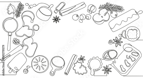 Outline of baking and cooking utensils in monoline style, transparent background  