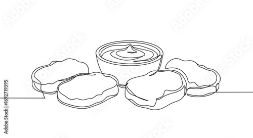 Monoline style illustration of snacks with dipping sauce on table  