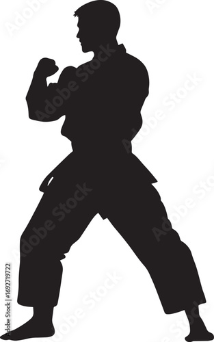 A silhouette of a martial artist in a strong fighting stance, with fists elevated and knees slightly bent. Full-length silhouette black vector illustration.