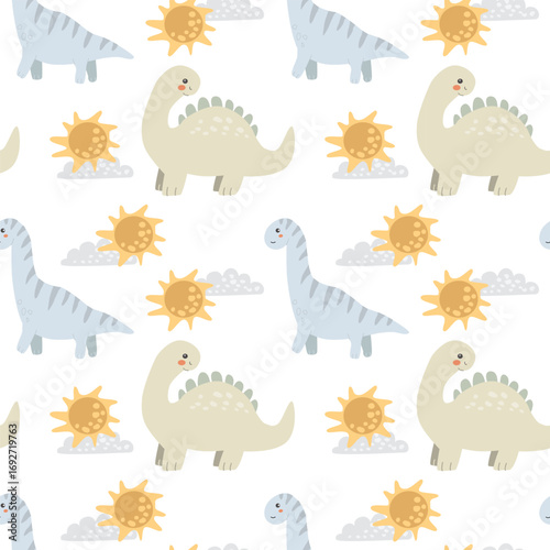 Cute dinosaur and sun pattern on black background.