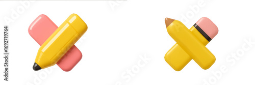 Pencil and eraser 3D cross icon set for edit and delete symbols isolated on a white background for user interface design and creative concepts