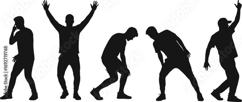 Silhouettes of young men dancing, posing, expressing emotions, having fun, celebrating, enjoying music, performing, active lifestyle, youth culture, movement, energy, freedom, street style.