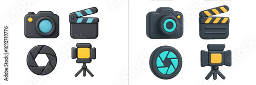 3D icon set for photography and videography with camera, clapperboard, aperture, and studio light symbols isolated on a white background