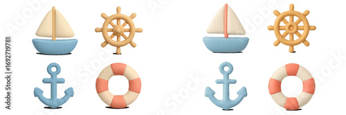 Cute nautical icon collection with sailboat, ship helm, anchor, and lifebuoy for marine and travel themes on a white background