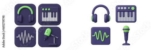Music production and audio equipment symbols including headphones, synthesizer, microphone, and sound wave for app and web user interface design