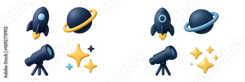 Collection of space and astronomy icons including a rocket ship, ringed planet, telescope, and stars isolated on a white background