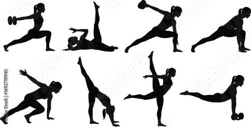 Woman fitness workout silhouette, exercising with dumbbells, yoga stretching poses, home workout, fitness training, strength exercise, healthy lifestyle, active woman