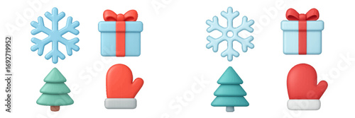 Collection of volumetric winter holiday icons with snowflake, gift box, Christmas tree, and mitten symbols isolated on white