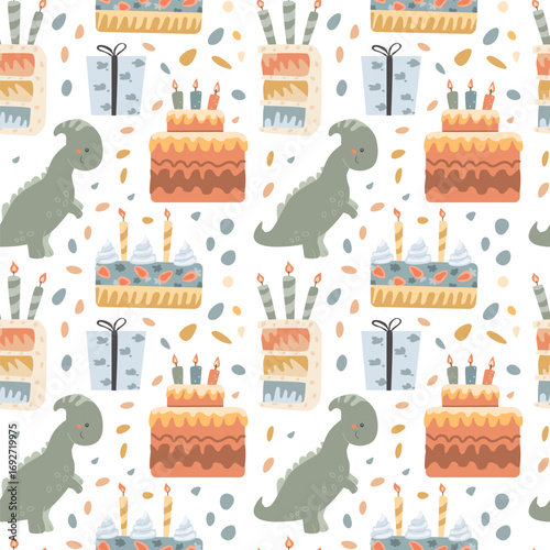 Fototapeta Naklejka Na Ścianę i Meble -  Colorful dinosaur birthday pattern with cakes and gifts.
