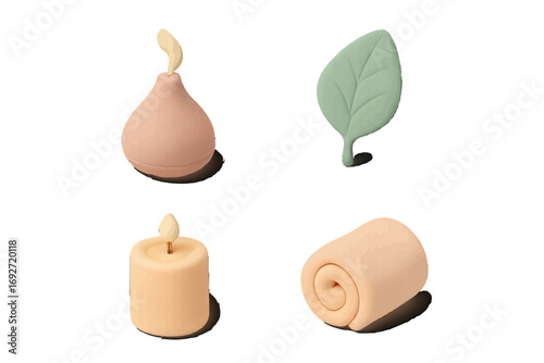 Stylized collection of essential spa and wellness items including a lit candle, green leaf, rolled towel, and aroma diffuser