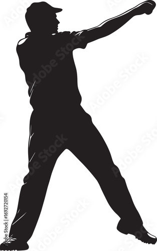 A silhouette of a bowler in mid-action, arm extended forward.