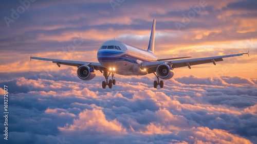 A stunning aerial view captures two commercial jets flying parallel above sunlit clouds, showcasing the harmony of technology and nature.