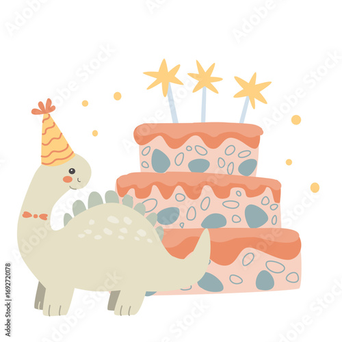 Cute dinosaur birthday cake with party hat and sparkler candles.